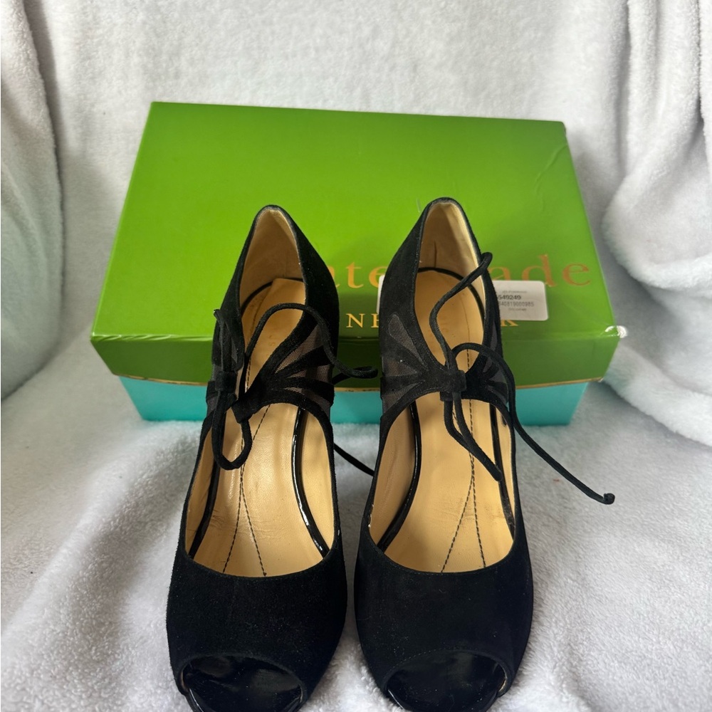 kate spade Black Suede Lace-Up Peep-Toe Heels
